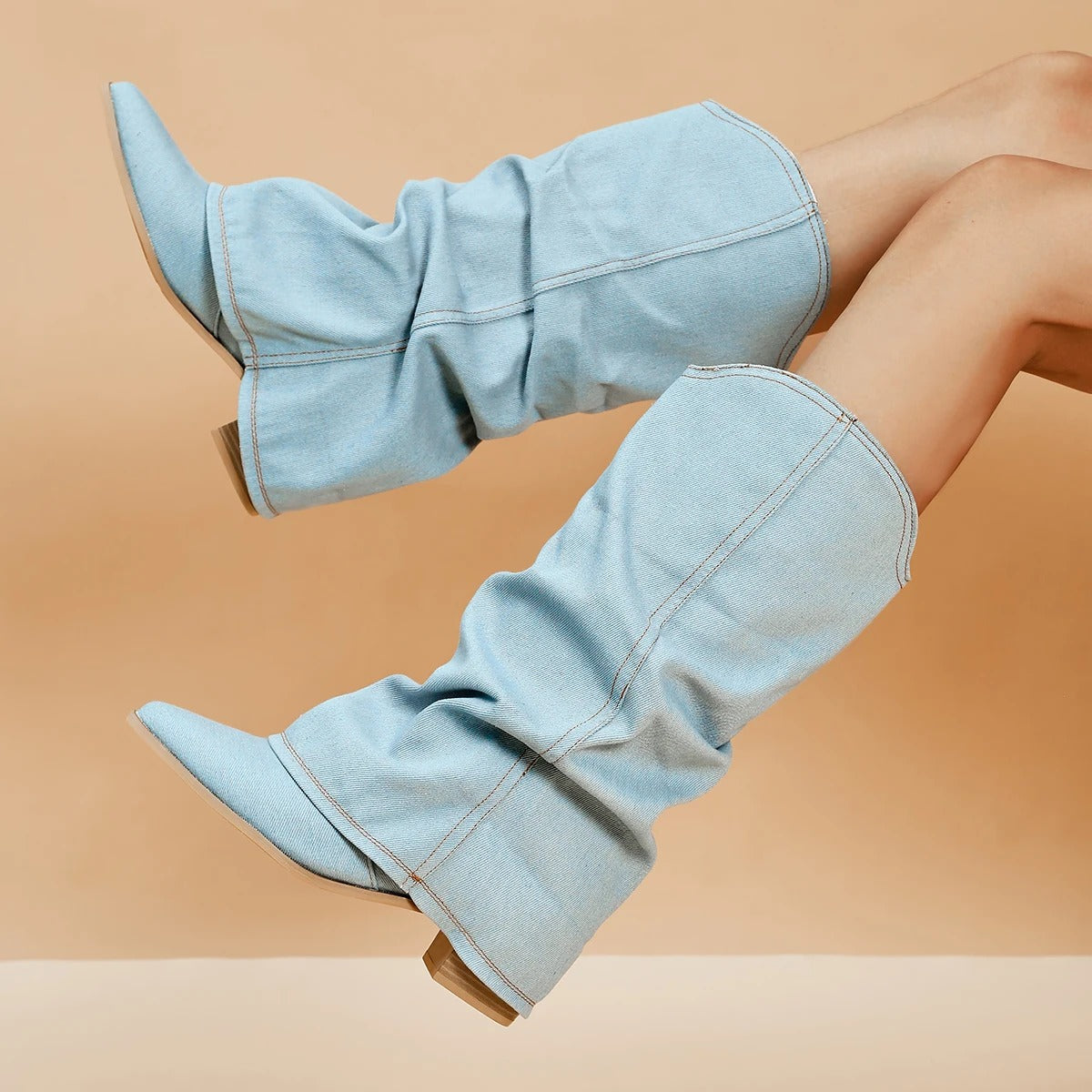 Women's Slouchy Block Heel Denim Boots-9
