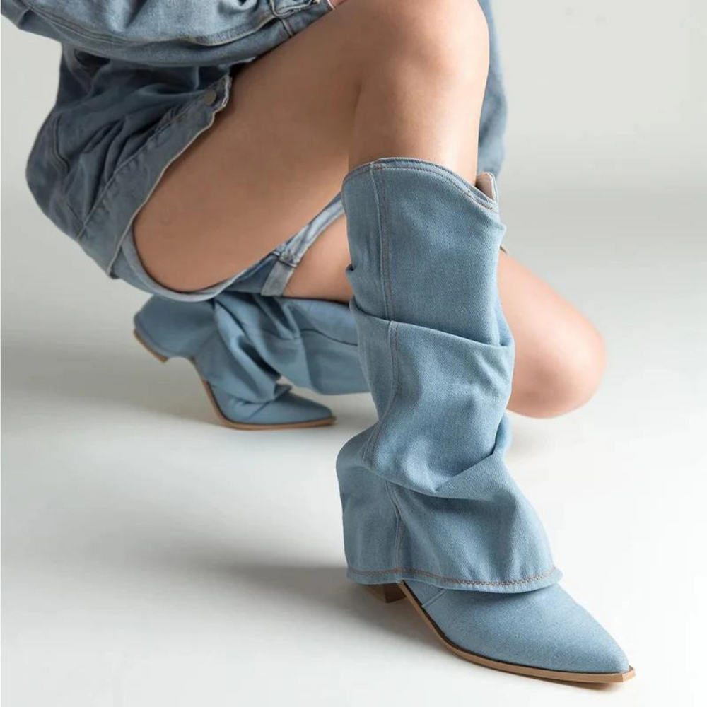 Women's Slouchy Block Heel Denim Boots-5