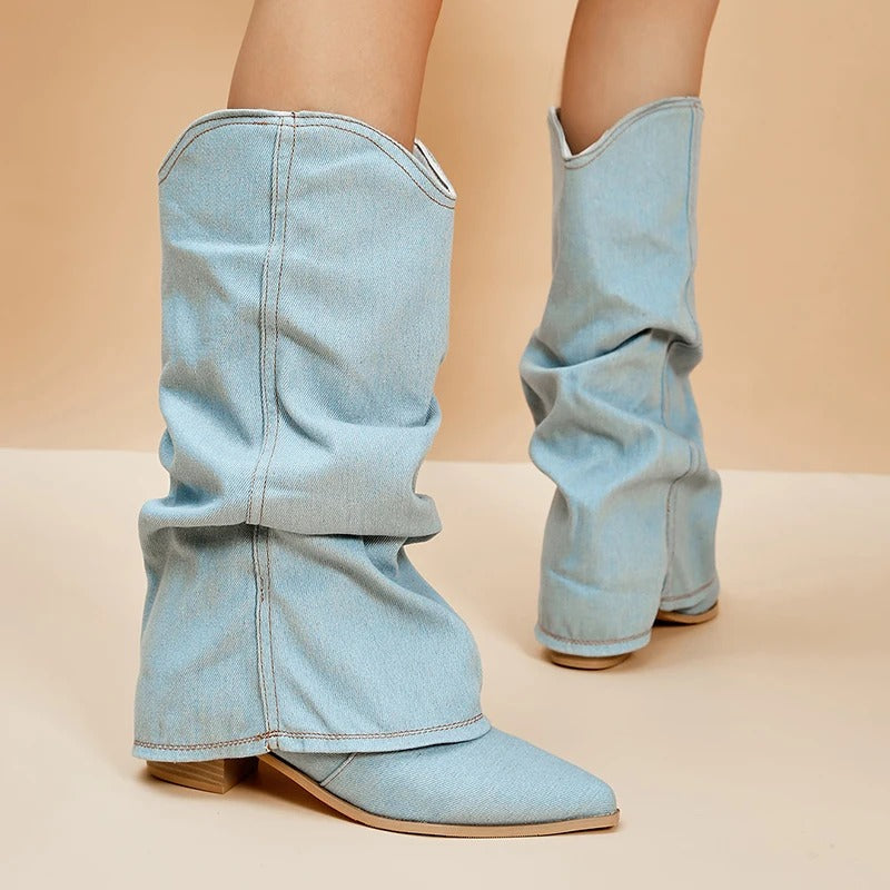 Women's Slouchy Block Heel Denim Boots-3