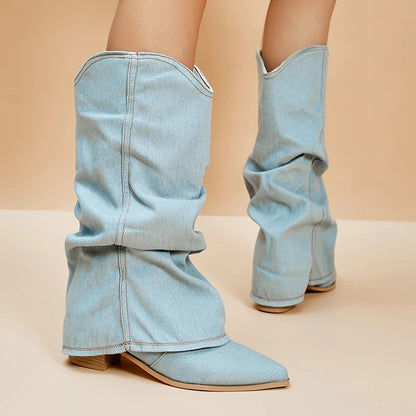 Women's Slouchy Block Heel Denim Boots-3