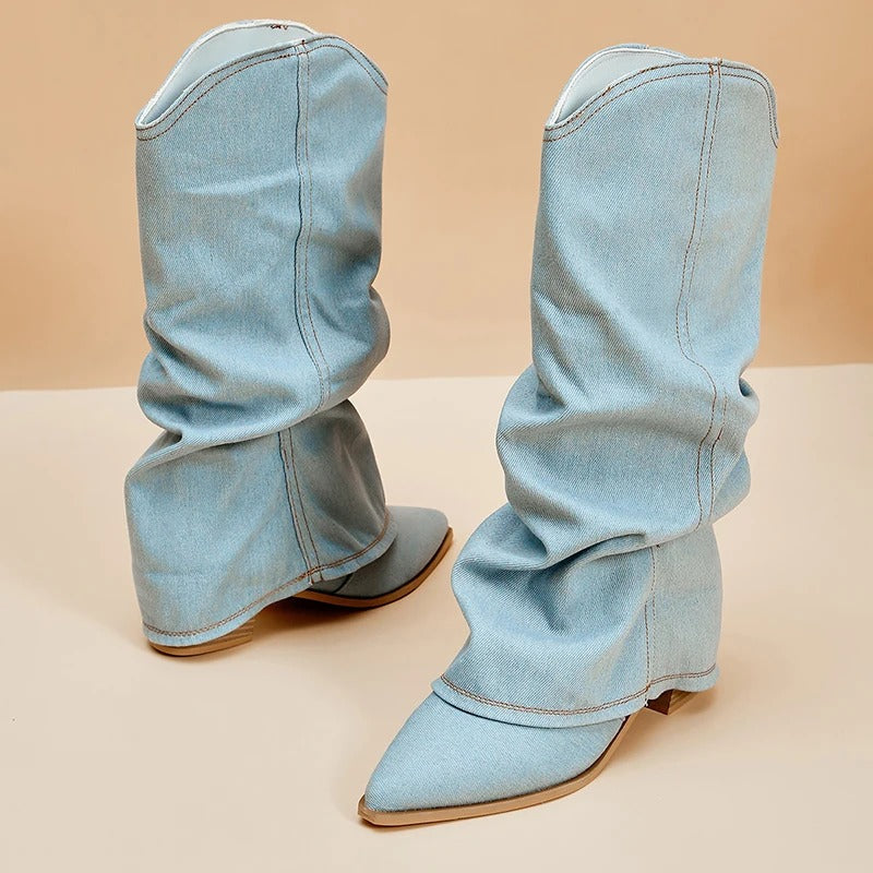 Women's Slouchy Block Heel Denim Boots-4