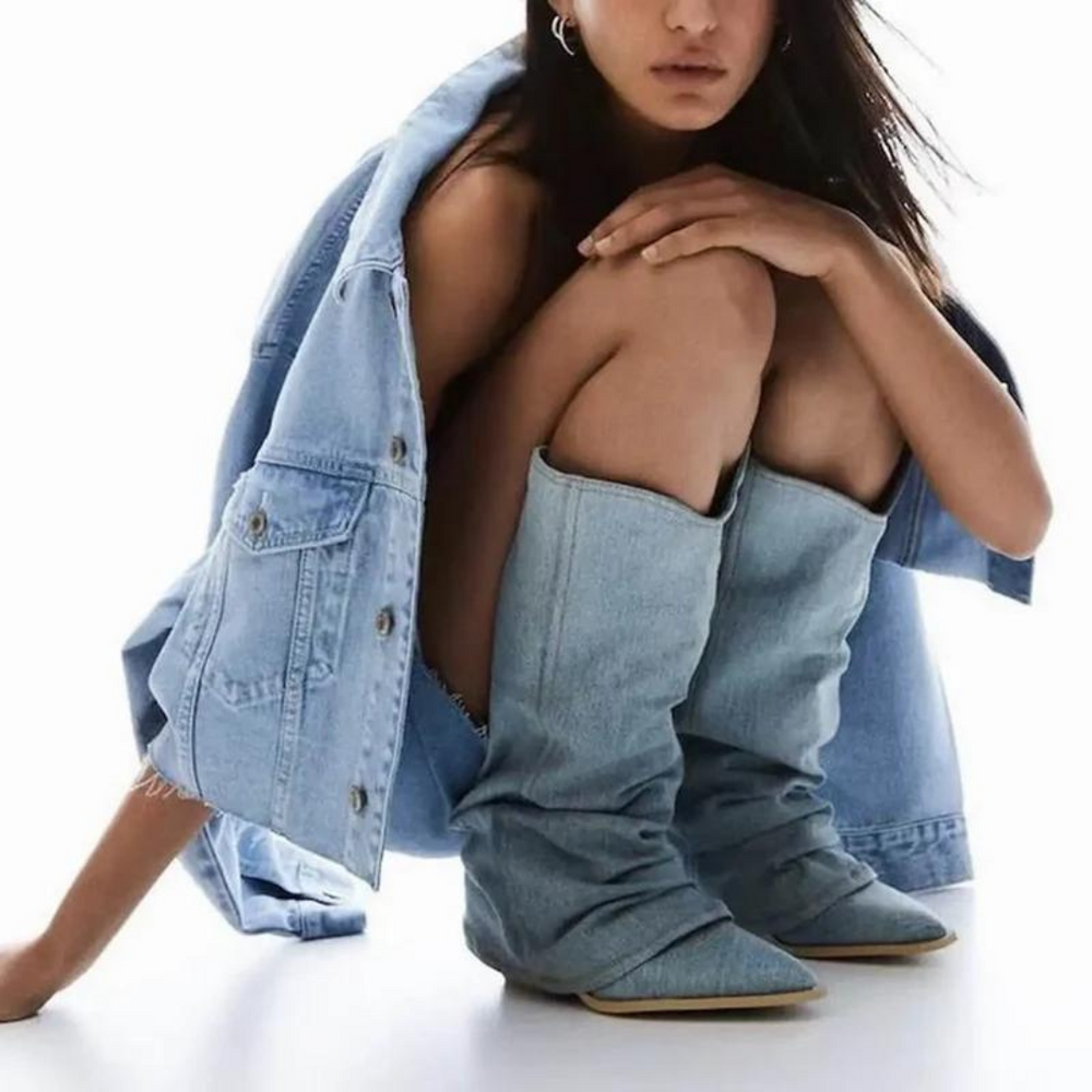 Women's Slouchy Block Heel Denim Boots-6