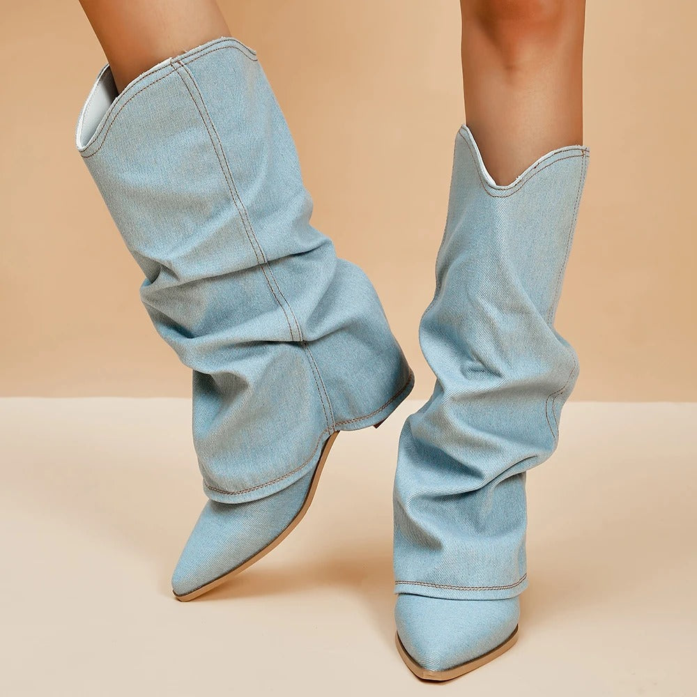 Women's Slouchy Block Heel Denim Boots-1