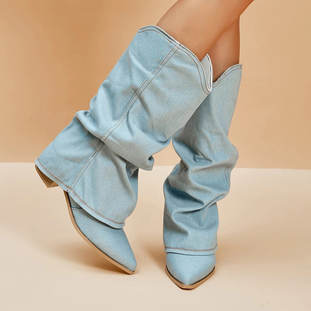 Women's Slouchy Block Heel Denim Boots-2
