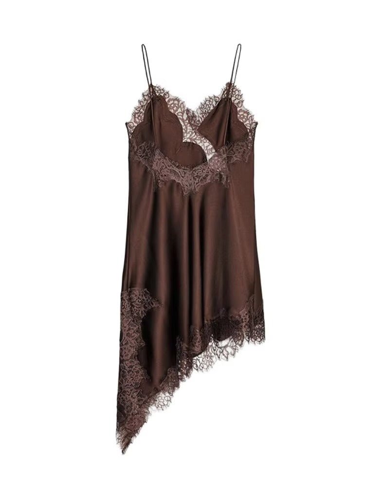 Women's Spaghetti Strap Lace Trim Asymmetrical Dress-3