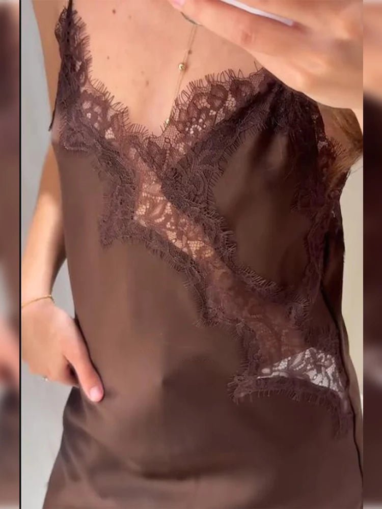 Women's Spaghetti Strap Lace Trim Asymmetrical Dress-17