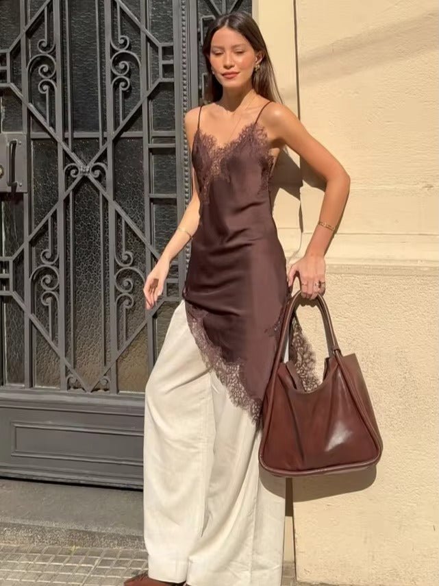 Women's Spaghetti Strap Lace Trim Asymmetrical Dress-4