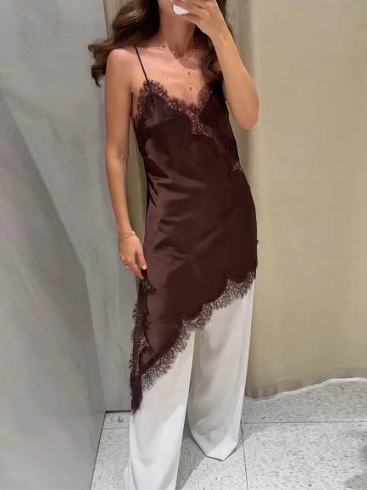 Women's Spaghetti Strap Lace Trim Asymmetrical Dress-16