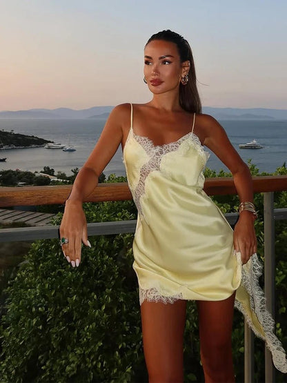 Women's Spaghetti Strap Lace Trim Asymmetrical Dress-19