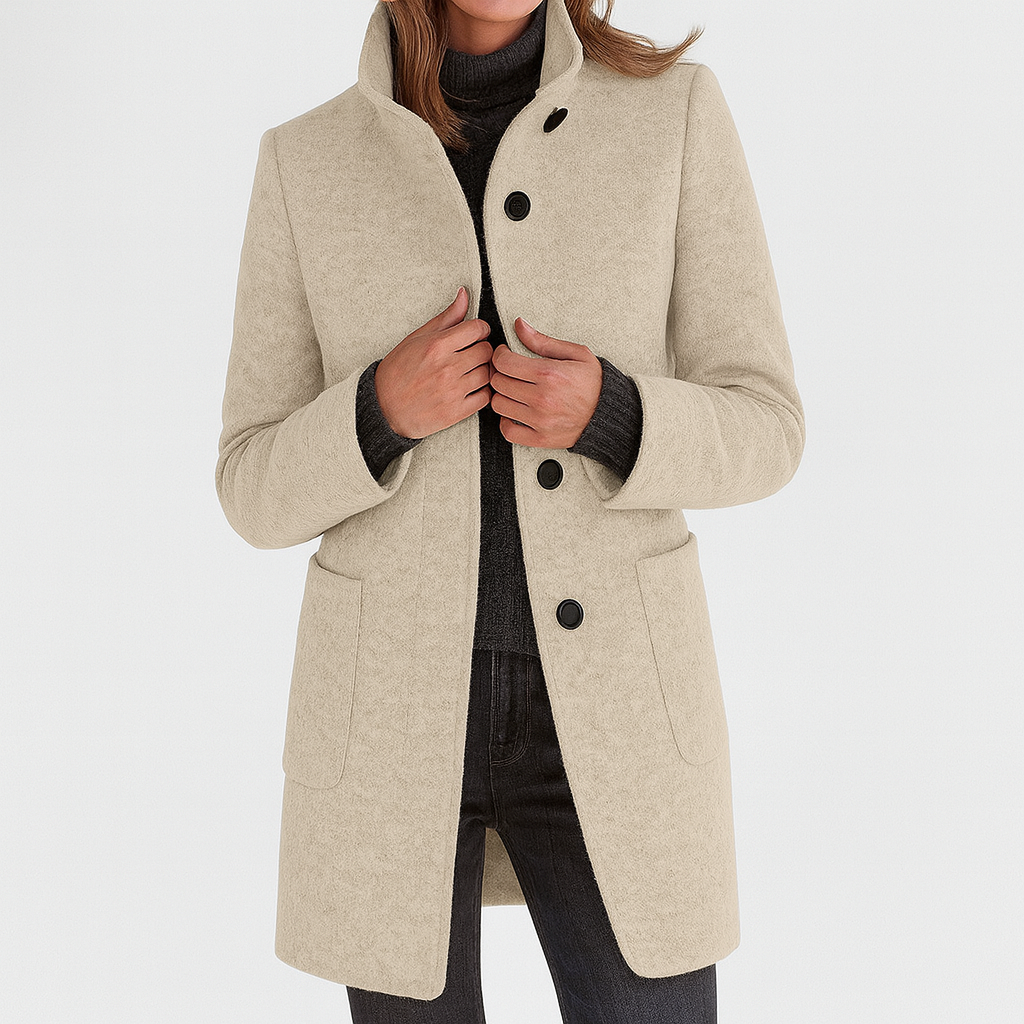 Women's Stand-Collar Mid-Length Coat - Beige