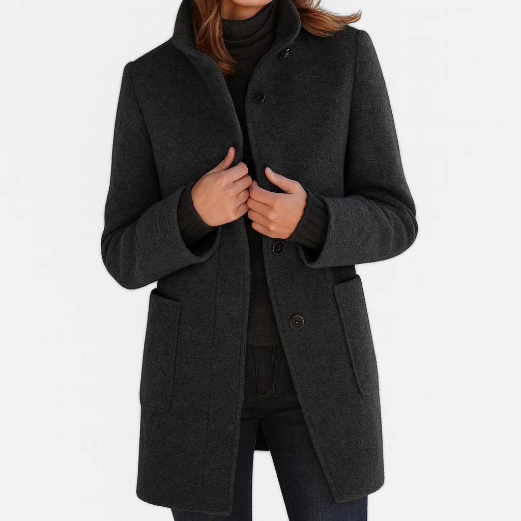 Women's Stand-Collar Mid-Length Coat - Black