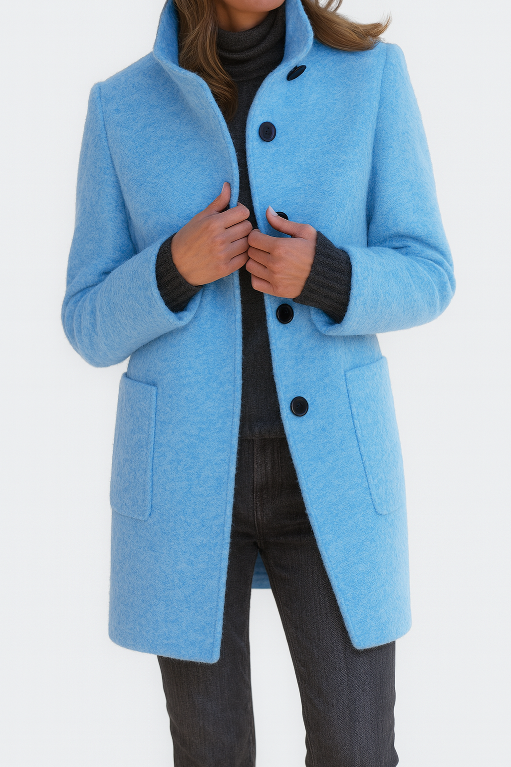 Women's Stand-Collar Mid-Length Coat - Light Blue