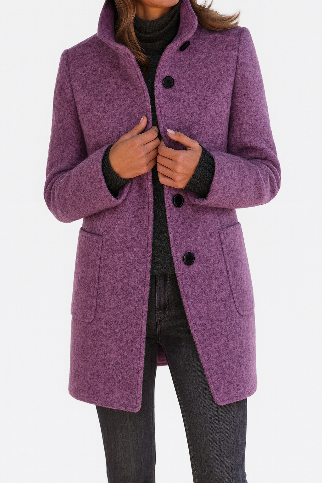 Women's Stand-Collar Mid-Length Coat - Purple