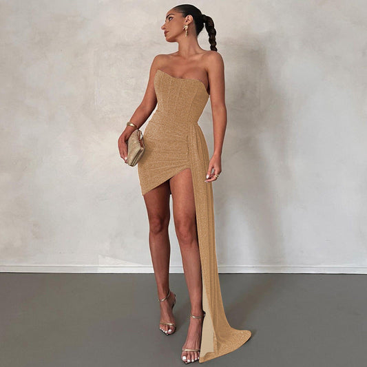 Women's Strapless Glitter Gown with Asymmetric Hem