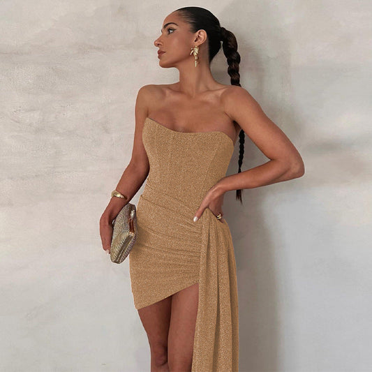 Women's Strapless Glitter Gown with Asymmetric Hem – view 2