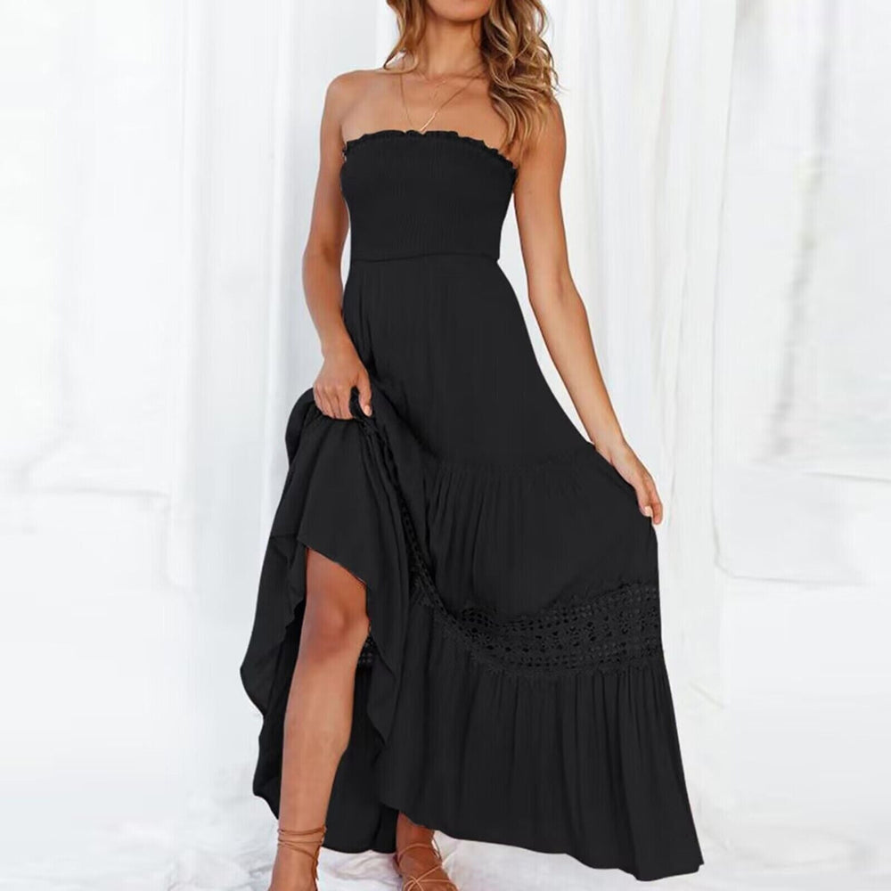 Women's Strapless Maxi Dress with Tiered Lace Hem-4