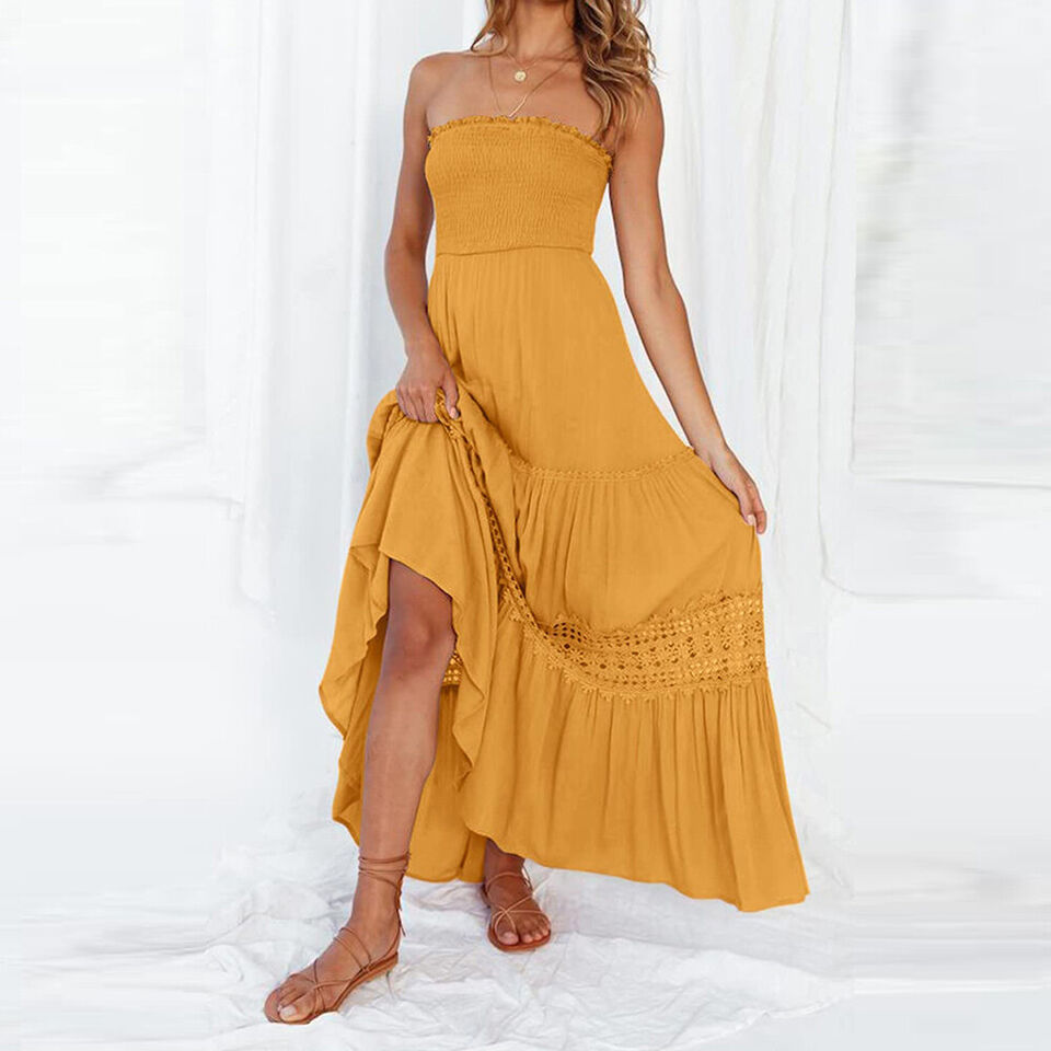 Women's Strapless Maxi Dress with Tiered Lace Hem-3