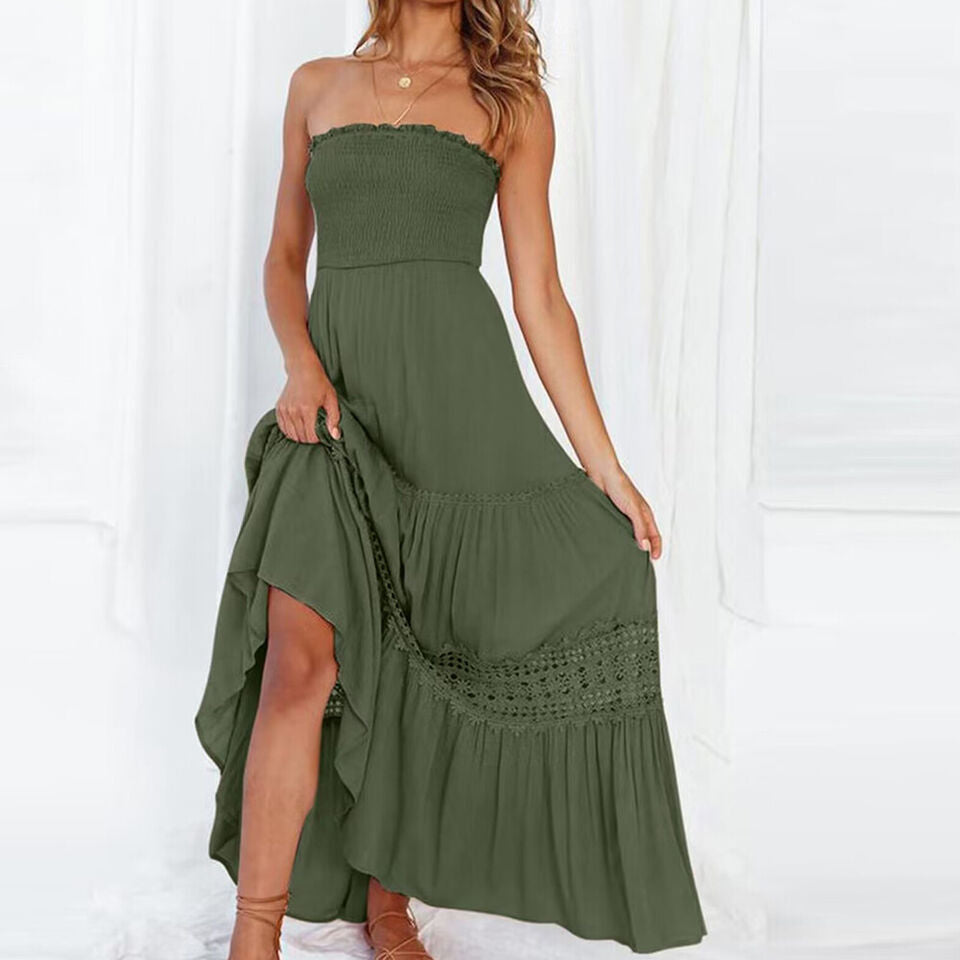 Women's Strapless Maxi Dress with Tiered Lace Hem-2