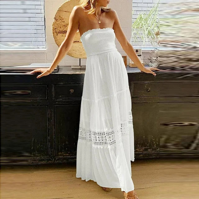 Women's Strapless Maxi Dress with Tiered Lace Hem-1