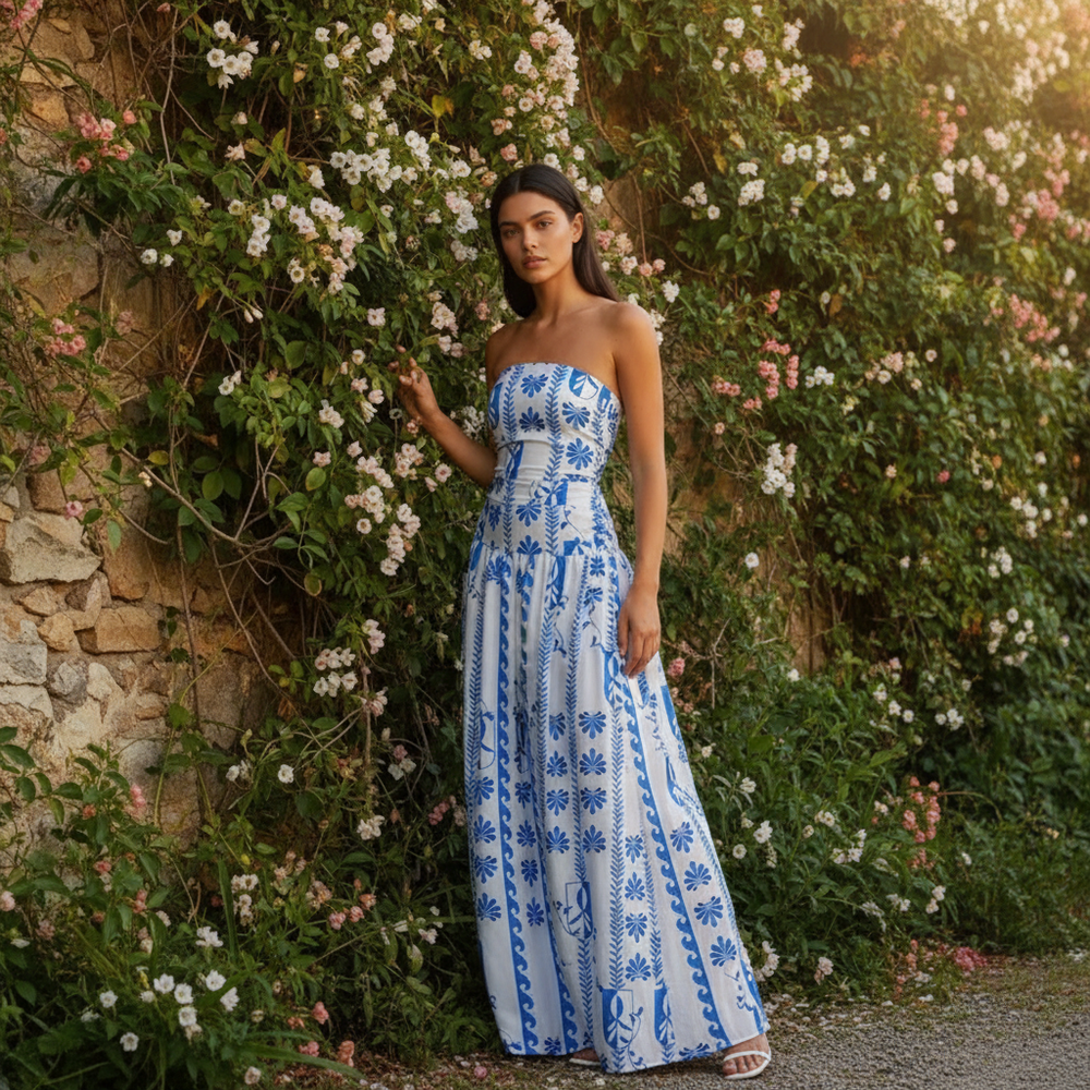 Women's Strapless Pleated Maxi Dress-2