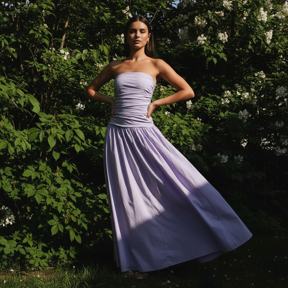 Women's Strapless Pleated Maxi Dress-3