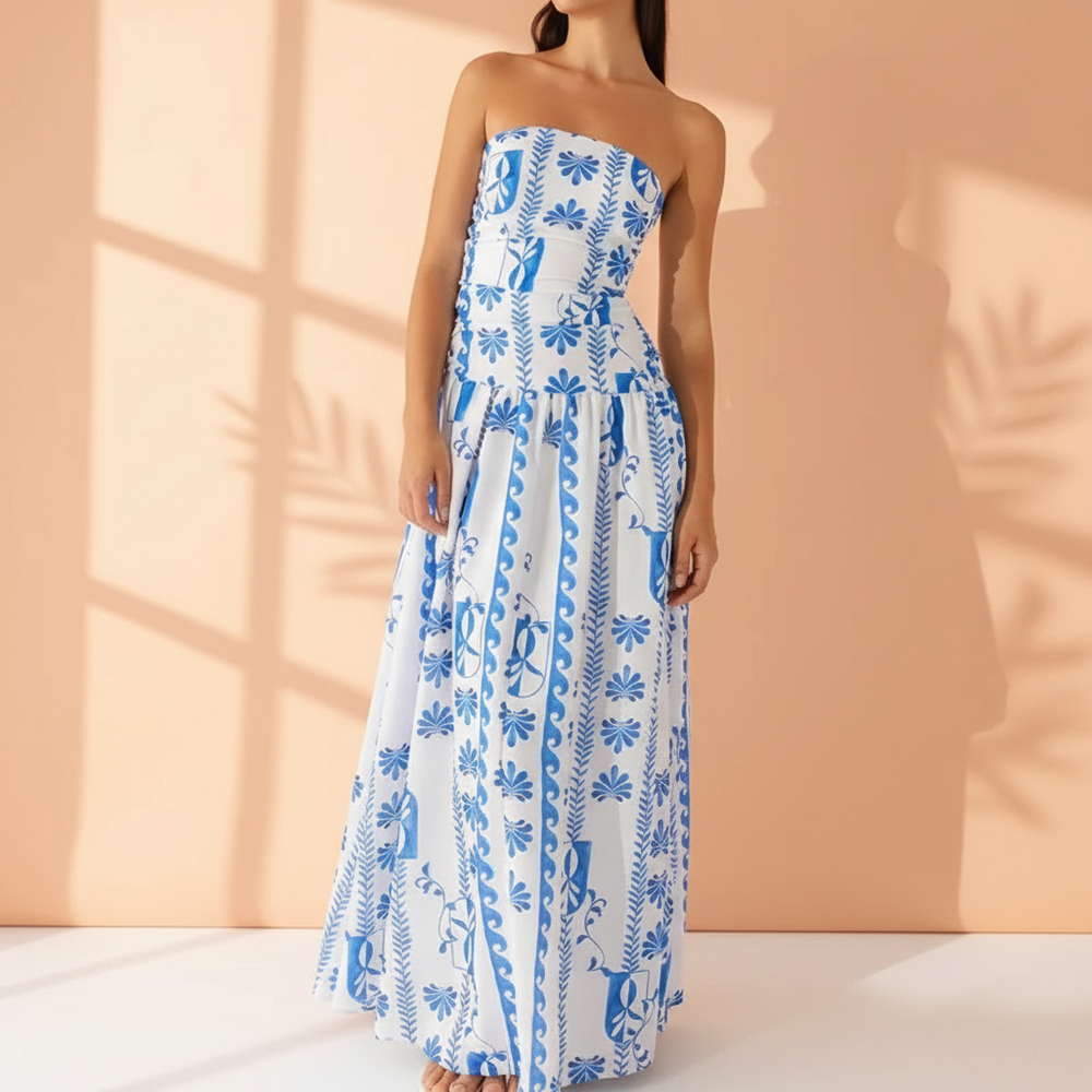 Women's Strapless Pleated Maxi Dress-1