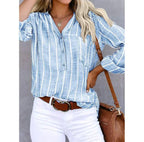 Women's Striped Button-Up Shirt with V-Neck-4