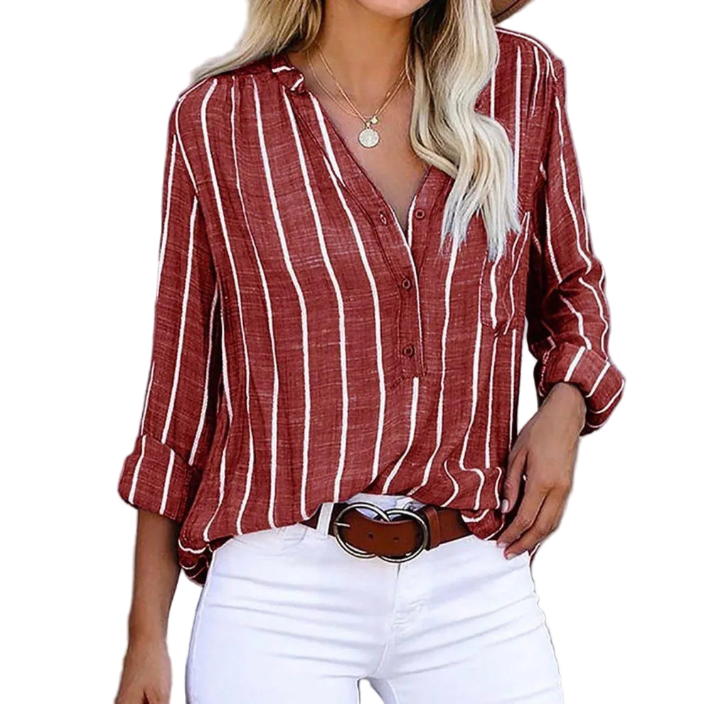 Women's Striped Button-Up Shirt with V-Neck-1