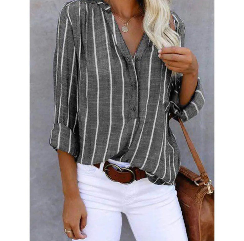 Women's Striped Button-Up Shirt with V-Neck-2