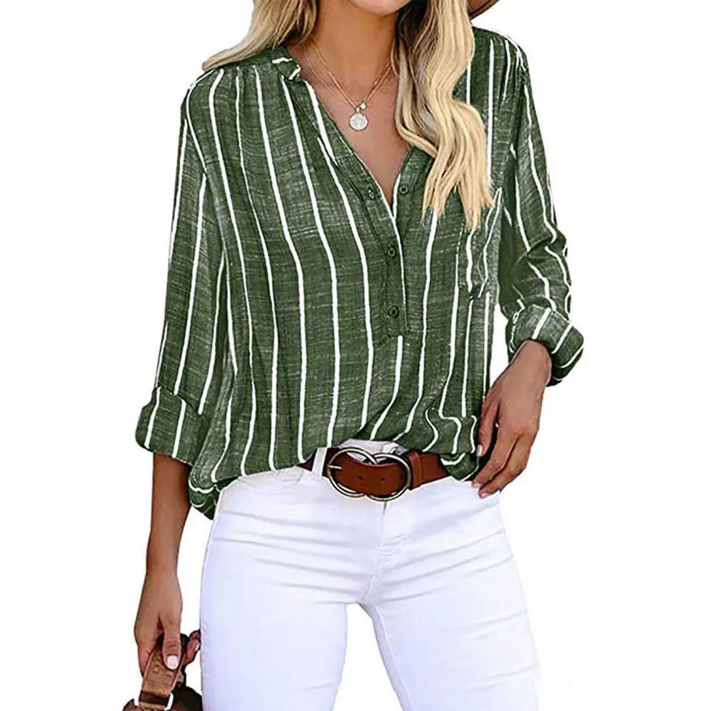Women's Striped Button-Up Shirt with V-Neck-3