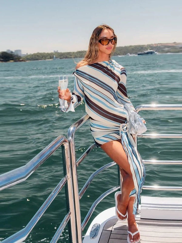 Women's Striped Long Sleeve Wrap Dress-1