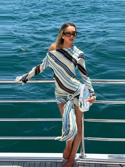 Women's Striped Long Sleeve Wrap Dress-3