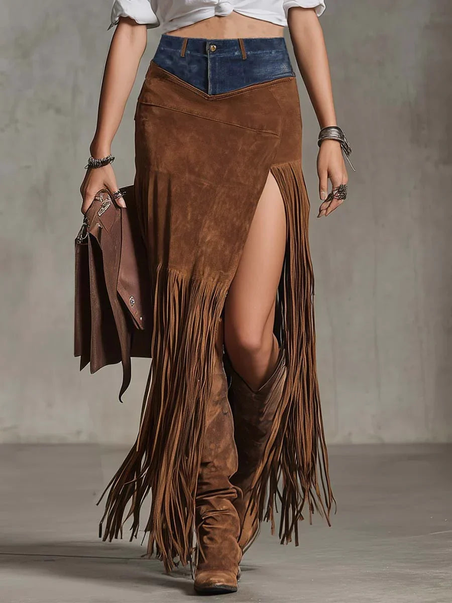 Women's Suede-Look Fringed Midi Skirt with Side Split - photo 1