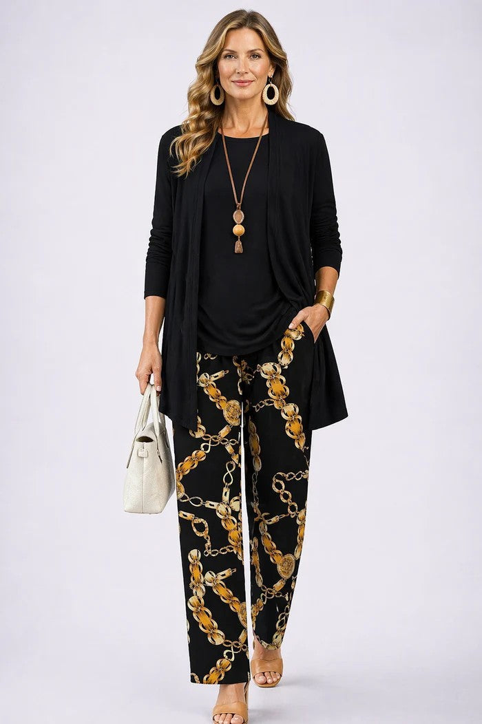 Women's Three-Piece Set with Printed Cardigan - Black