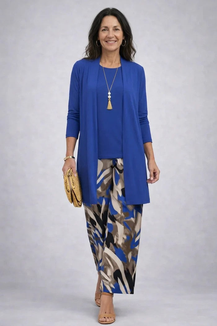 Women's Three-Piece Set with Printed Cardigan - Blue