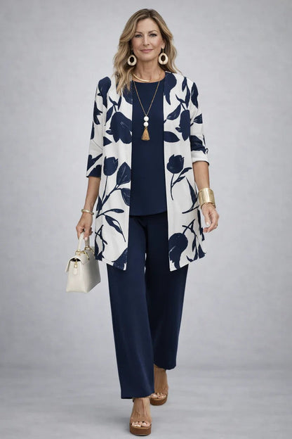 Women's Three-Piece Set with Printed Cardigan - Blue / White