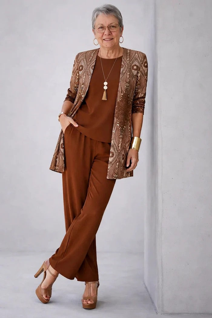 Women's Three-Piece Set with Printed Cardigan - Brown