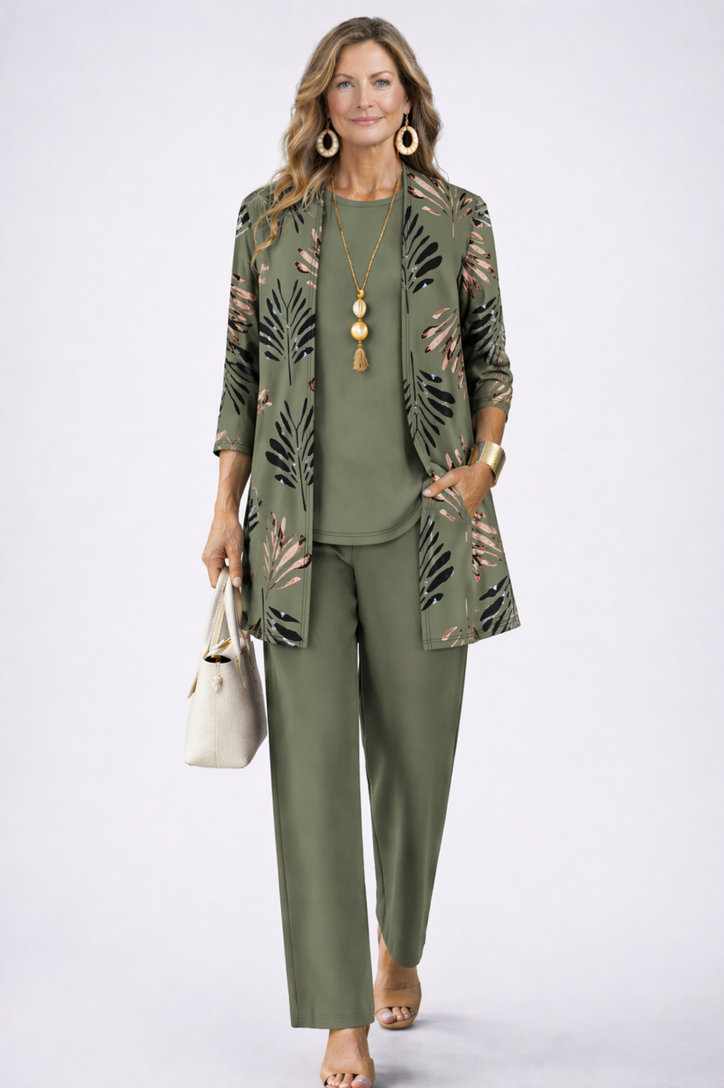 Women's Three-Piece Set with Printed Cardigan - Green