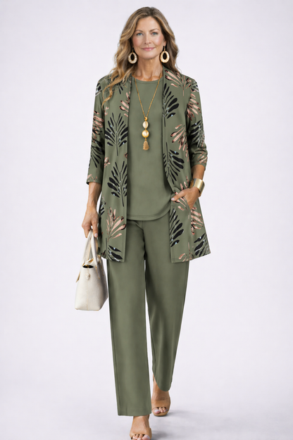 Women's Three-Piece Set with Printed Cardigan - Green