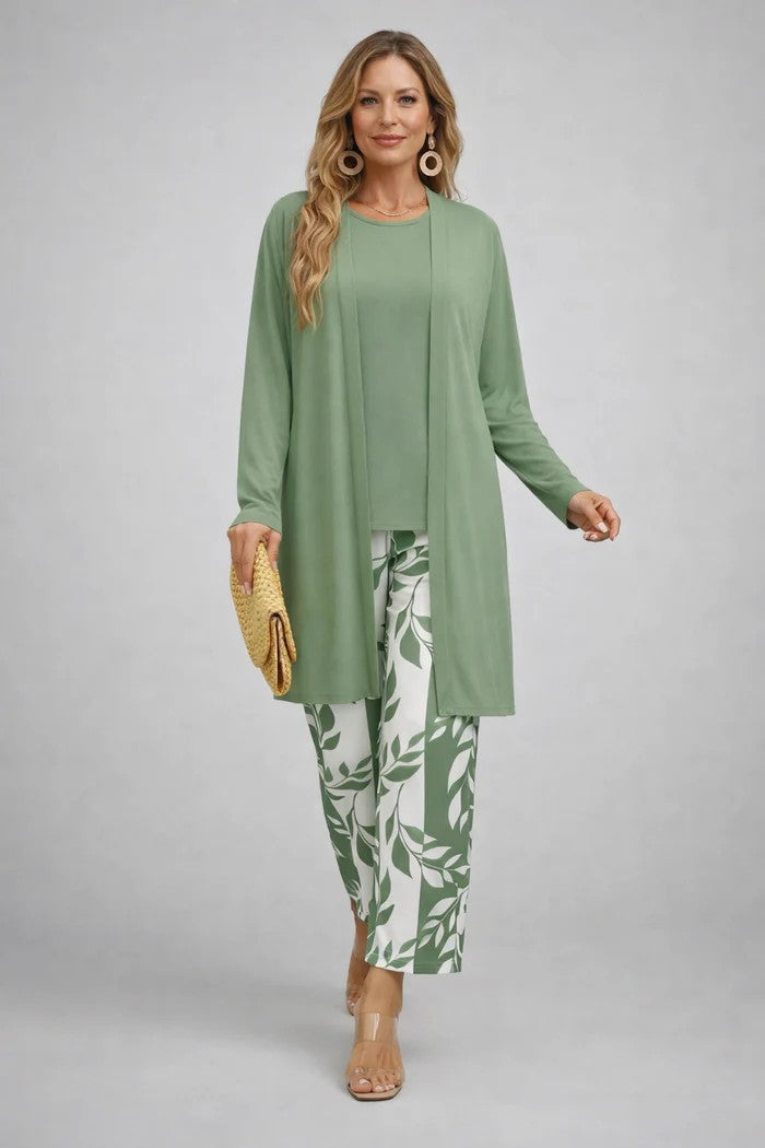 Women's Three-Piece Set with Printed Cardigan - Green / White