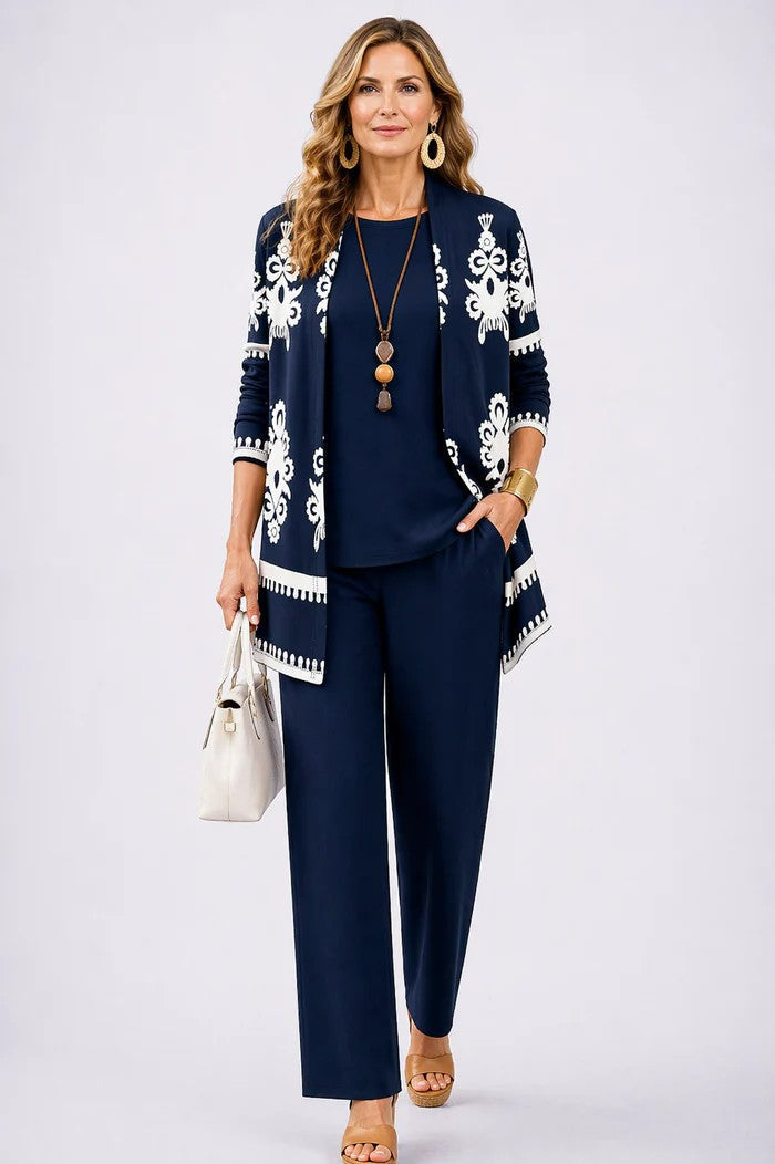 Women's Three-Piece Set with Printed Cardigan - Navy
