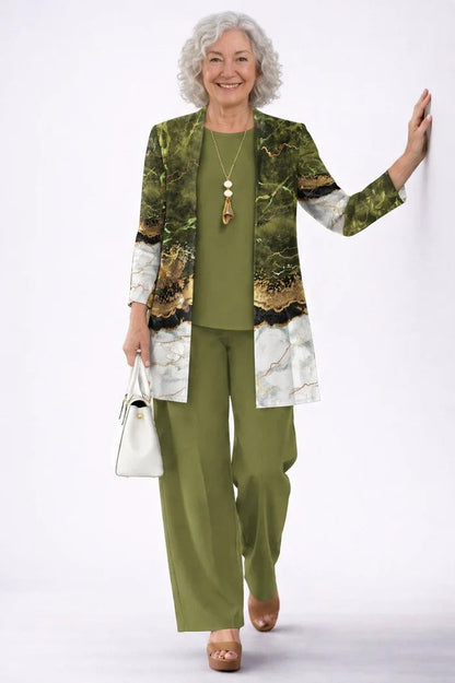 Women's Three-Piece Set with Printed Cardigan - Olive Green