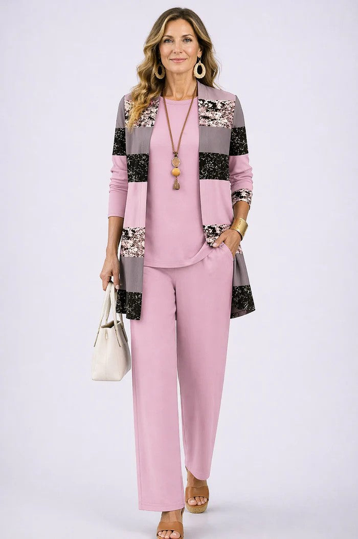 Women's Three-Piece Set with Printed Cardigan - Pink