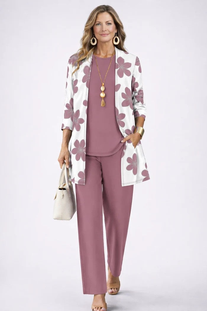 Women's Three-Piece Set with Printed Cardigan - Powder Pink