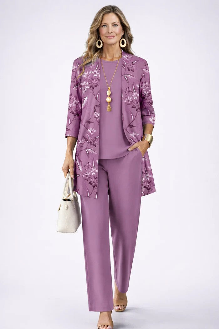 Women's Three-Piece Set with Printed Cardigan - Purple