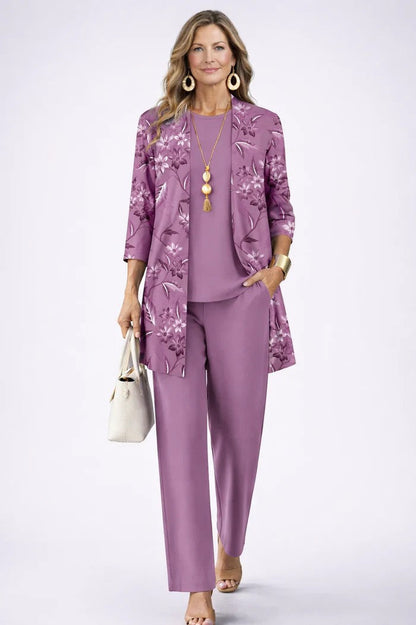 Women's Three-Piece Set with Printed Cardigan - Purple