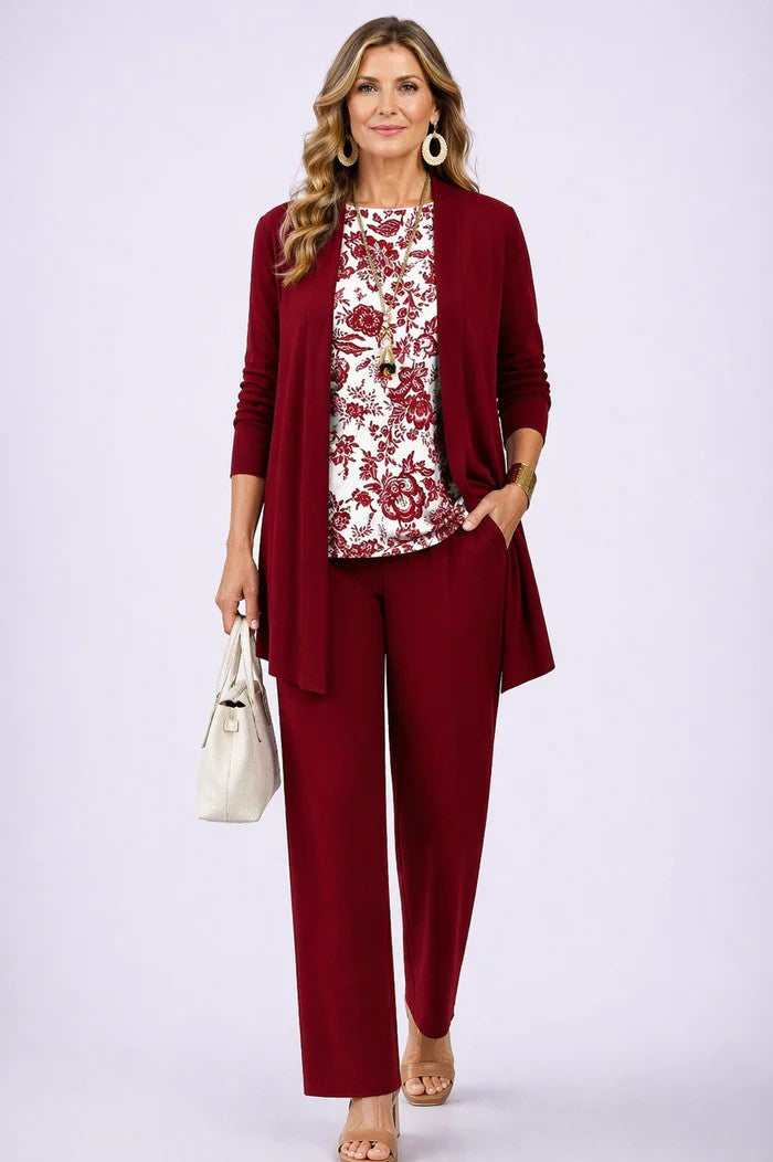 Women's Three-Piece Set with Printed Cardigan - White / Red