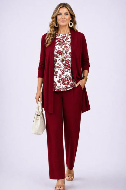 Women's Three-Piece Set with Printed Cardigan - White / Red