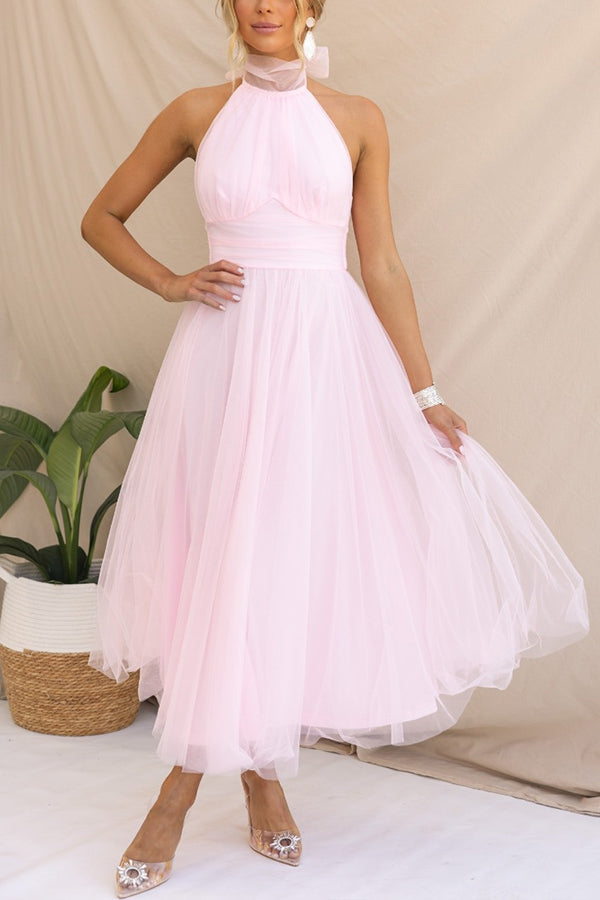 Women's Tulle Midi Dress With Halter Neck-3