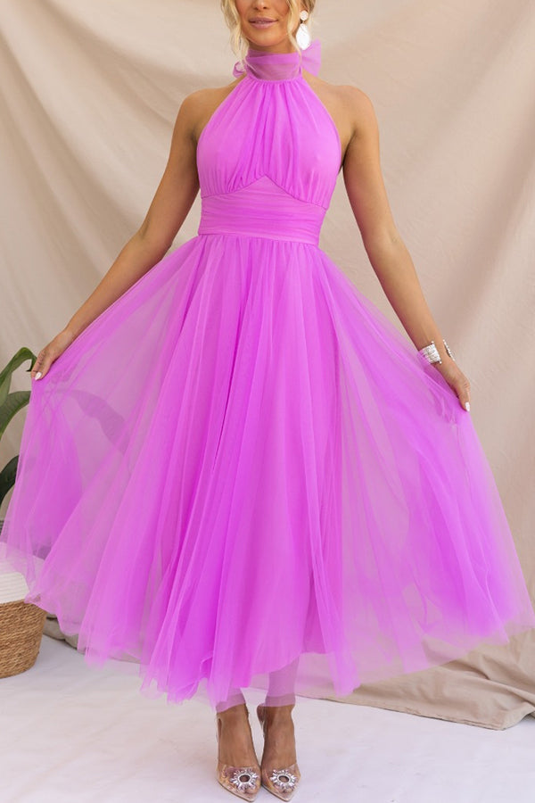 Women's Tulle Midi Dress With Halter Neck-17